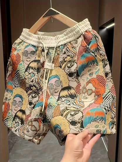 Men's Graphic Print Shorts – Relaxed Fit Elastic Waist Drawstring Streetwear Shorts for Summer