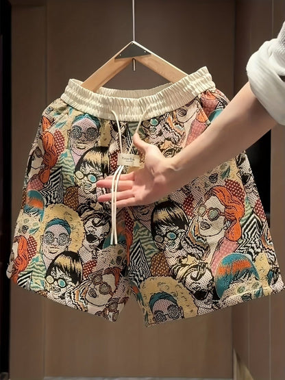 Men's Graphic Print Shorts – Relaxed Fit Elastic Waist Drawstring Streetwear Shorts for Summer