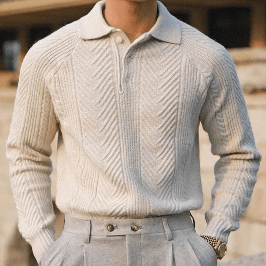 Men's Knit Polo Sweater – Long Sleeve Textured Pattern Ribbed Cuffs
