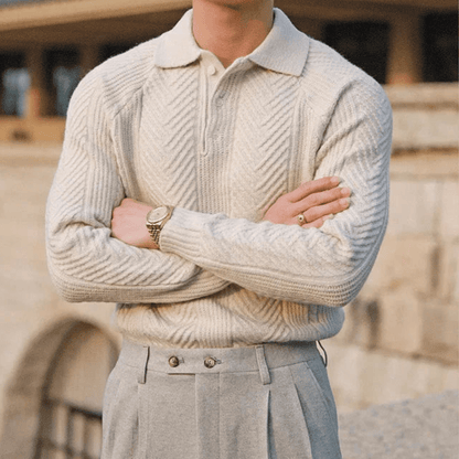 Men's Knit Polo Sweater – Long Sleeve Textured Pattern Ribbed Cuffs
