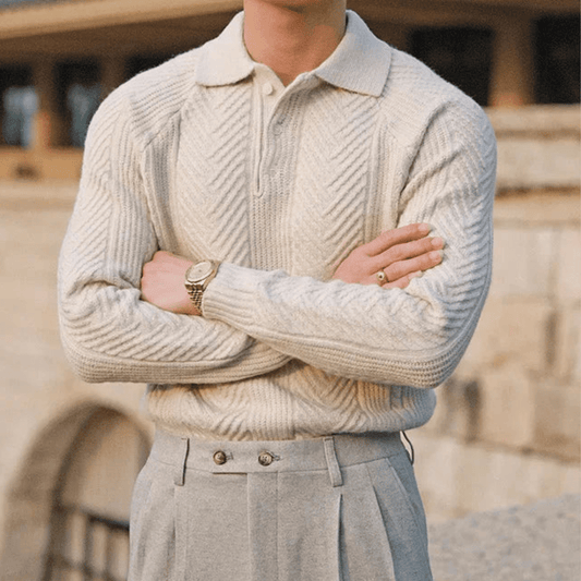 Men's Knit Polo Sweater – Long Sleeve Textured Pattern Ribbed Cuffs