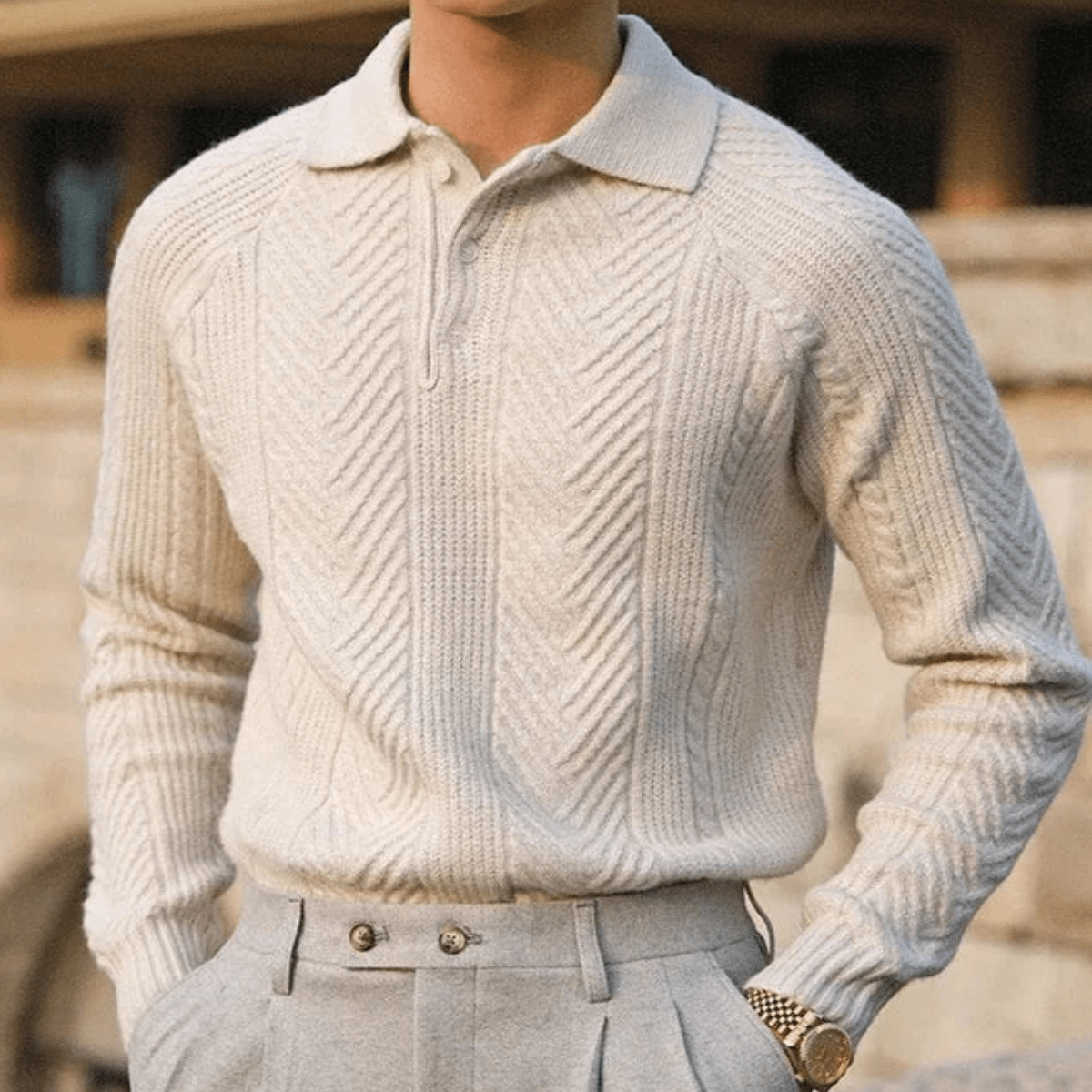 Men's Knit Polo Sweater – Long Sleeve Textured Pattern Ribbed Cuffs