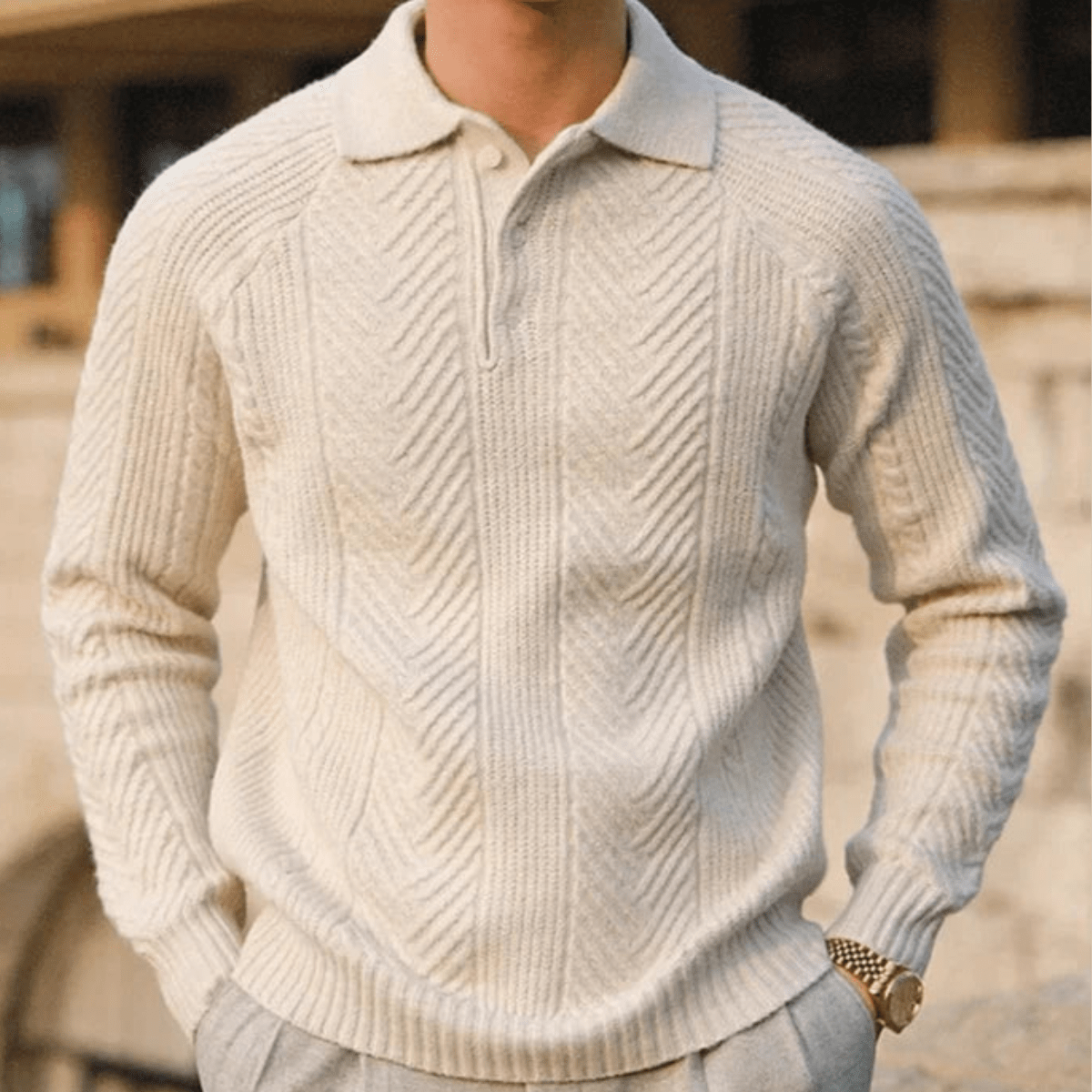 Men's Knit Polo Sweater – Long Sleeve Textured Pattern Ribbed Cuffs