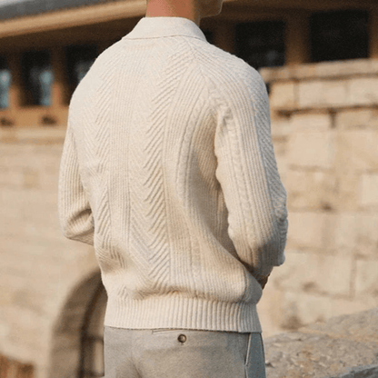 Men's Knit Polo Sweater – Long Sleeve Textured Pattern Ribbed Cuffs