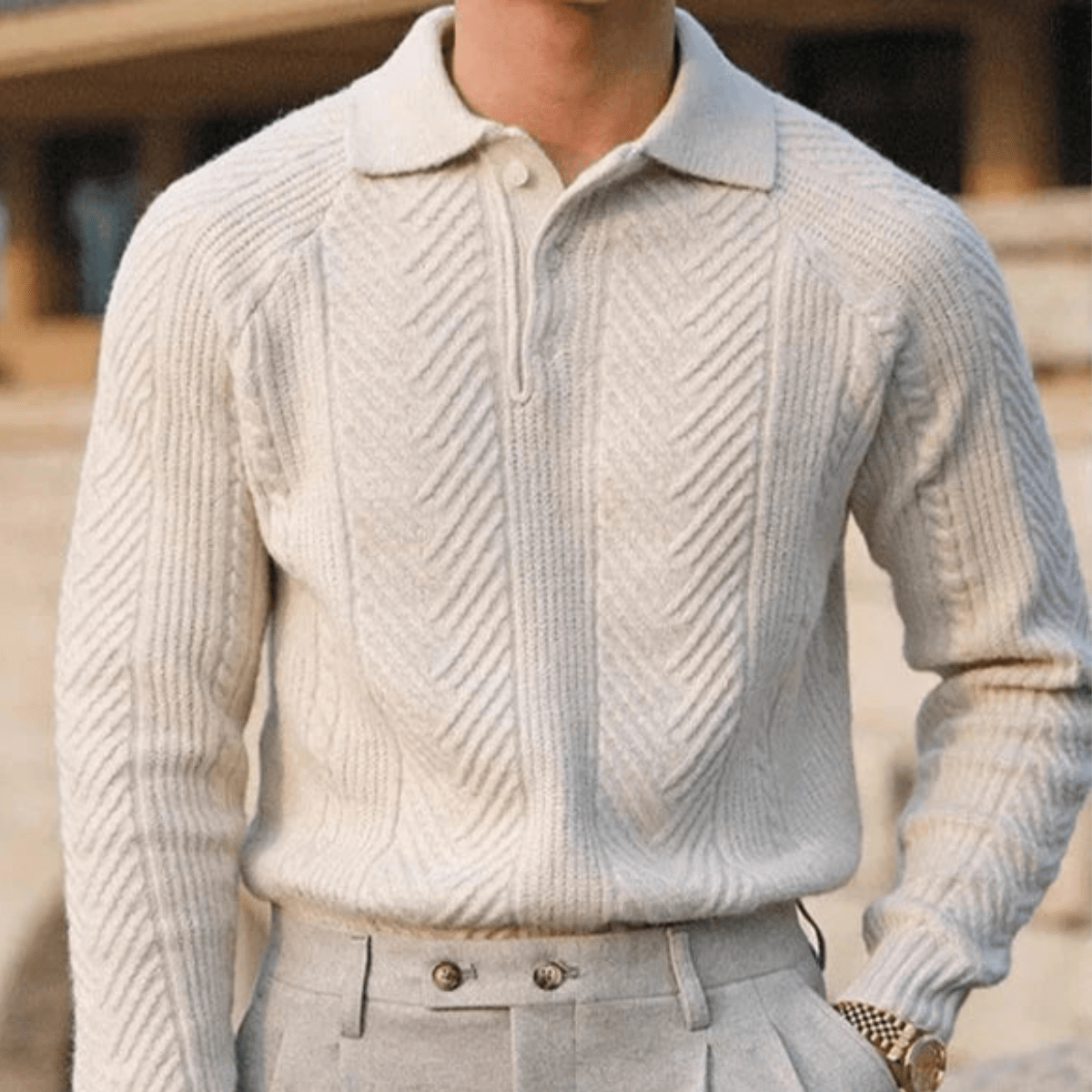 Men's Knit Polo Sweater – Long Sleeve Textured Pattern Ribbed Cuffs