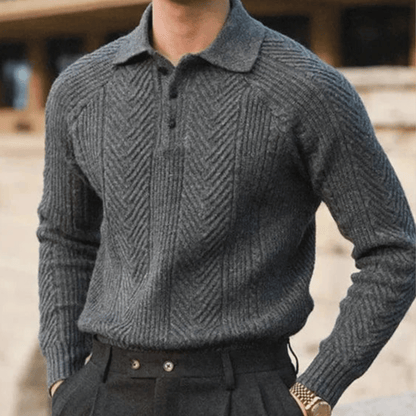Men's Knit Polo Sweater – Long Sleeve Textured Pattern Ribbed Cuffs