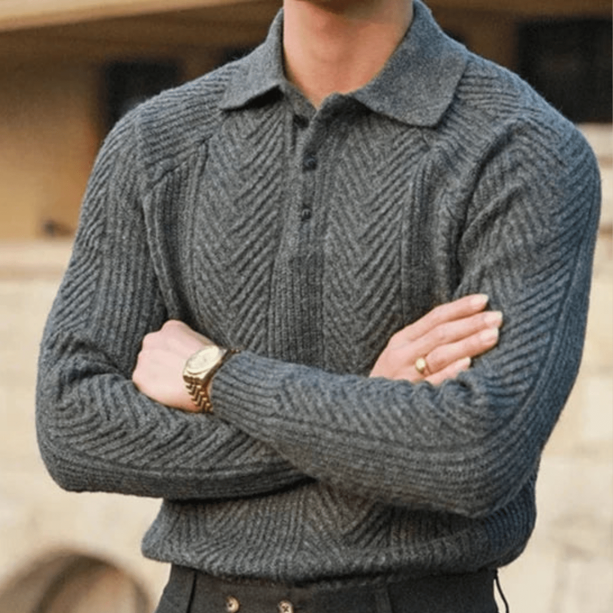 Men's Knit Polo Sweater – Long Sleeve Textured Pattern Ribbed Cuffs