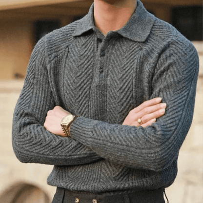 Men's Knit Polo Sweater – Long Sleeve Textured Pattern Ribbed Cuffs