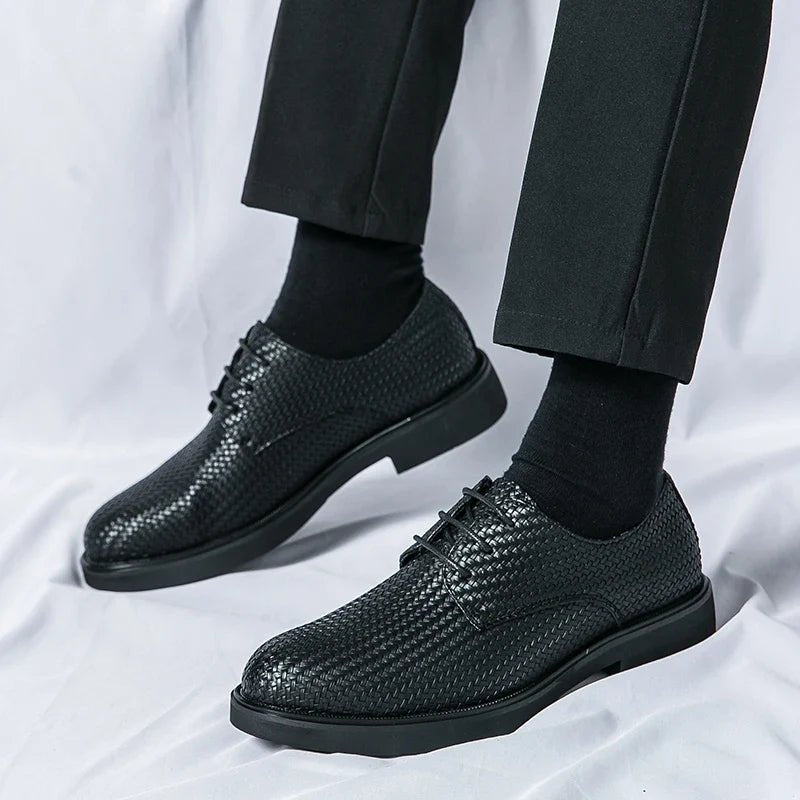 Men's Woven Texture Dress Shoes – Lace-Up Rounded Toe Oxford Shoes for Smart Casual & Formal Wear