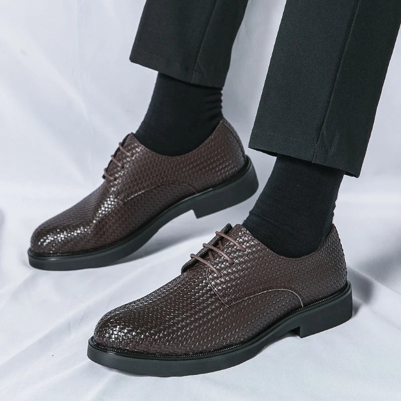 Men's Woven Texture Dress Shoes – Lace-Up Rounded Toe Oxford Shoes for Smart Casual & Formal Wear