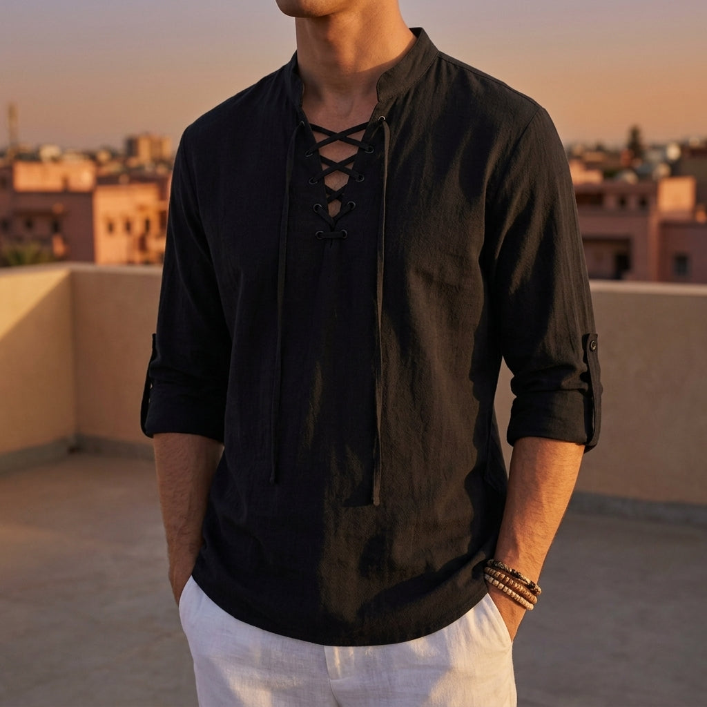Men's Linen Pullover Shirt – Lace-Up Band Collar Roll-Up Sleeve Relaxed Fit Summer Shirt
