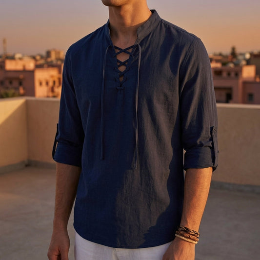 Men's Linen Pullover Shirt – Lace-Up Band Collar Roll-Up Sleeve Relaxed Fit Summer Shirt