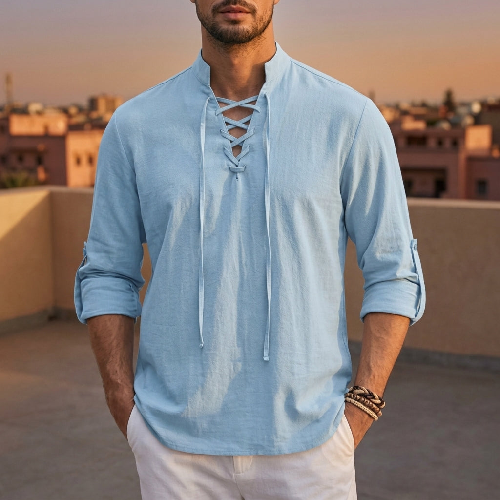 Men's Linen Pullover Shirt – Lace-Up Band Collar Roll-Up Sleeve Relaxed Fit Summer Shirt