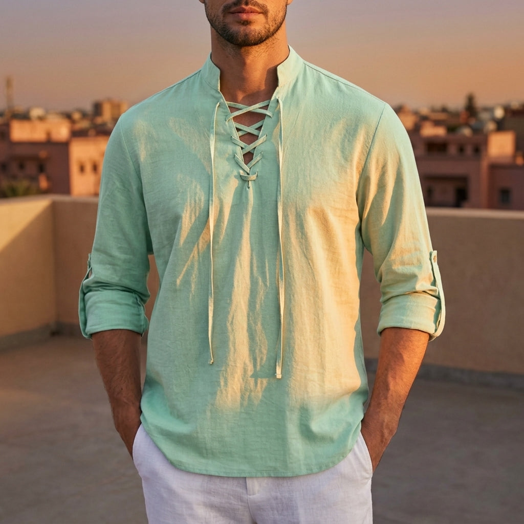 Men's Linen Pullover Shirt – Lace-Up Band Collar Roll-Up Sleeve Relaxed Fit Summer Shirt