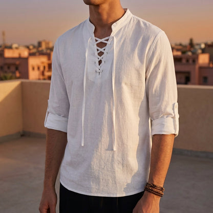 Men's Linen Pullover Shirt – Lace-Up Band Collar Roll-Up Sleeve Relaxed Fit Summer Shirt