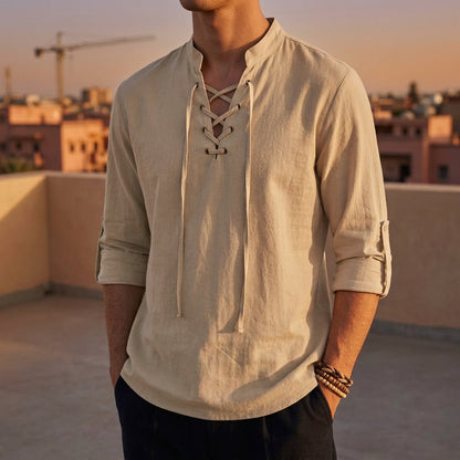 Men's Linen Pullover Shirt – Lace-Up Band Collar Roll-Up Sleeve Relaxed Fit Summer Shirt