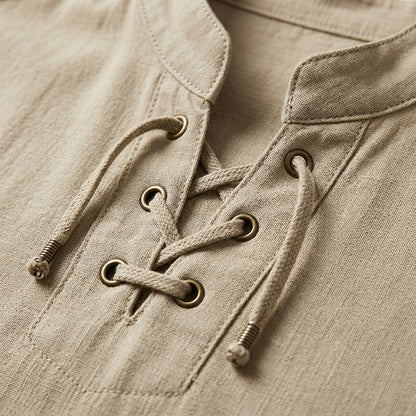 Men's Linen Pullover Shirt – Lace-Up Band Collar Roll-Up Sleeve Relaxed Fit Summer Shirt