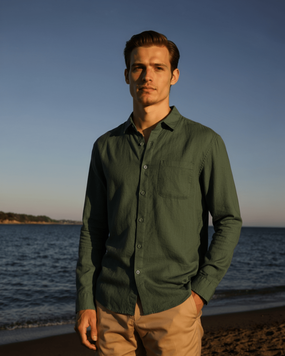 Men's Linen Shirt – Long Sleeve Button Front Casual Shirt with Pointed Collar for Everyday & Smart Casual Wear