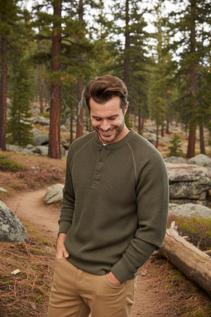 Men's Waffle Knit Henley | Midweight Smart Casual