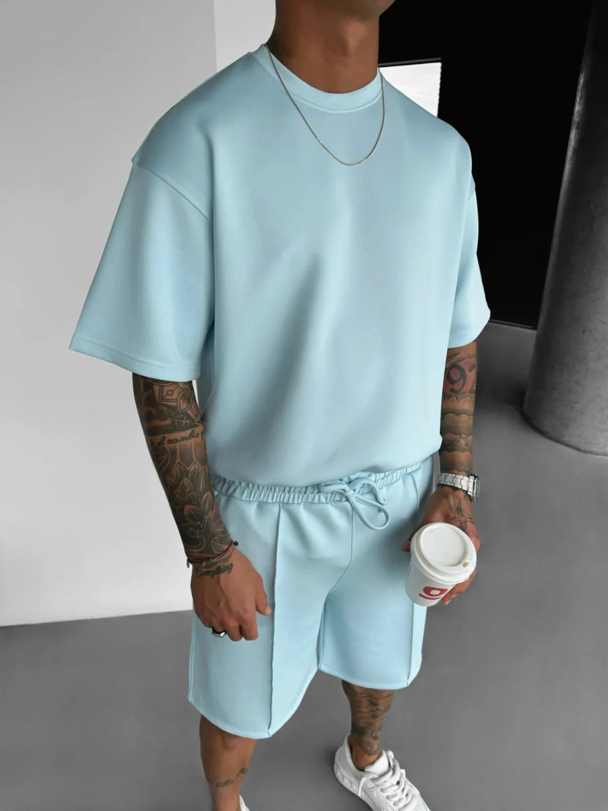 Men's Two Piece Short Set – Oversized T-Shirt & Drawstring Shorts Matching Set for Casual & Streetwear