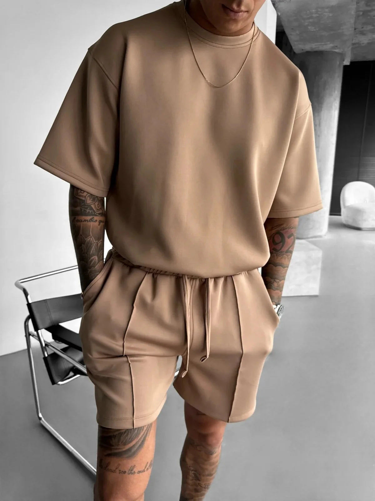 Men's Two Piece Short Set – Oversized T-Shirt & Drawstring Shorts Matching Set for Casual & Streetwear