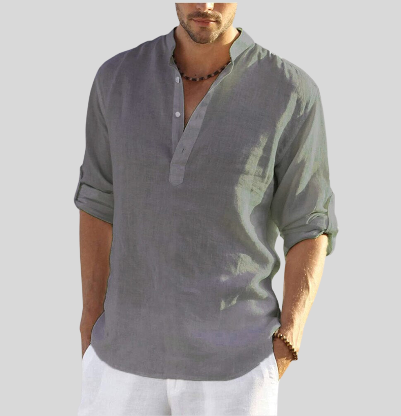 Men's Shirt | Classic Henley Long Sleeve with Roll-Up Sleeves | Versatile Style for Any Occasion