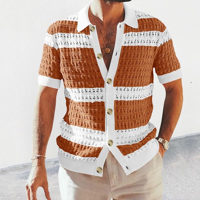 Men's Knit Shirt – Short Sleeve Button-Front Relaxed Fit Summer Shirt with Contrast Trim