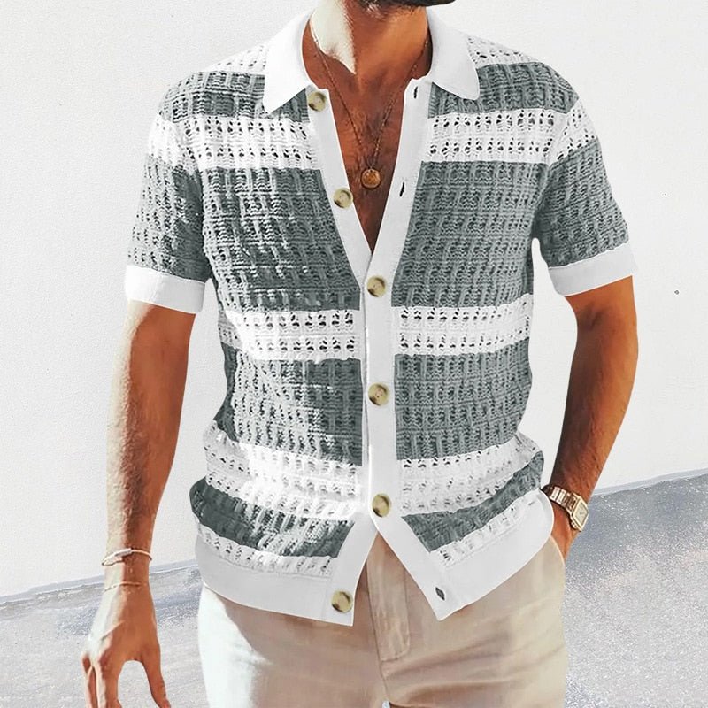 Men's Knit Shirt – Short Sleeve Button-Front Relaxed Fit Summer Shirt with Contrast Trim