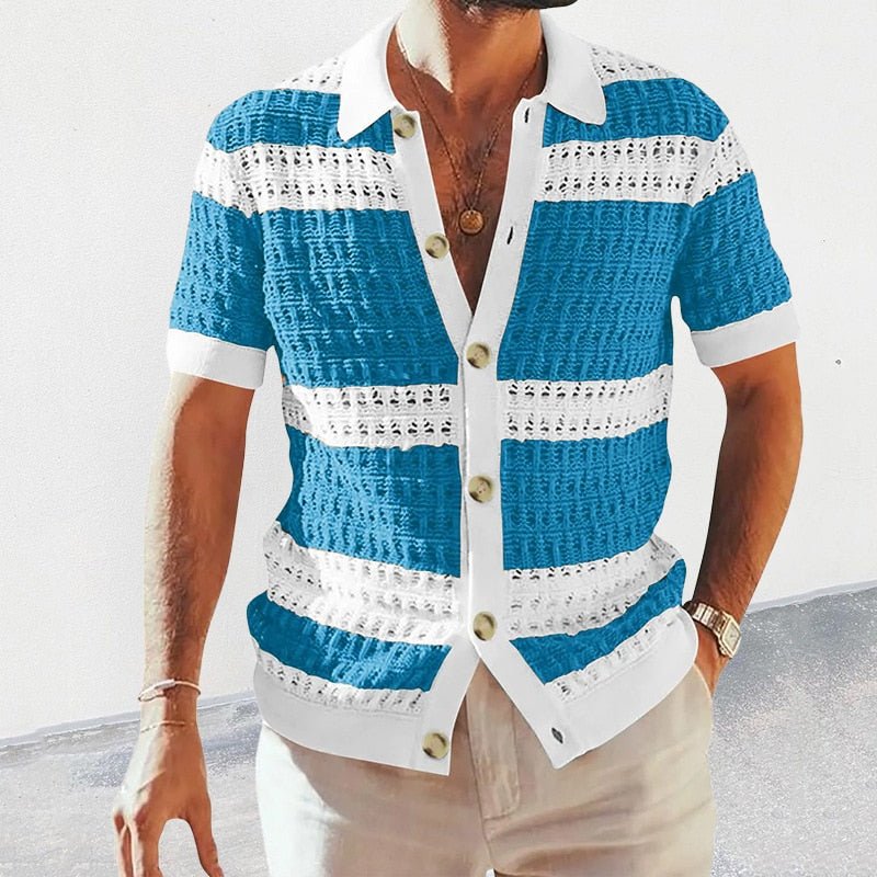 Men's Knit Shirt – Short Sleeve Button-Front Relaxed Fit Summer Shirt with Contrast Trim