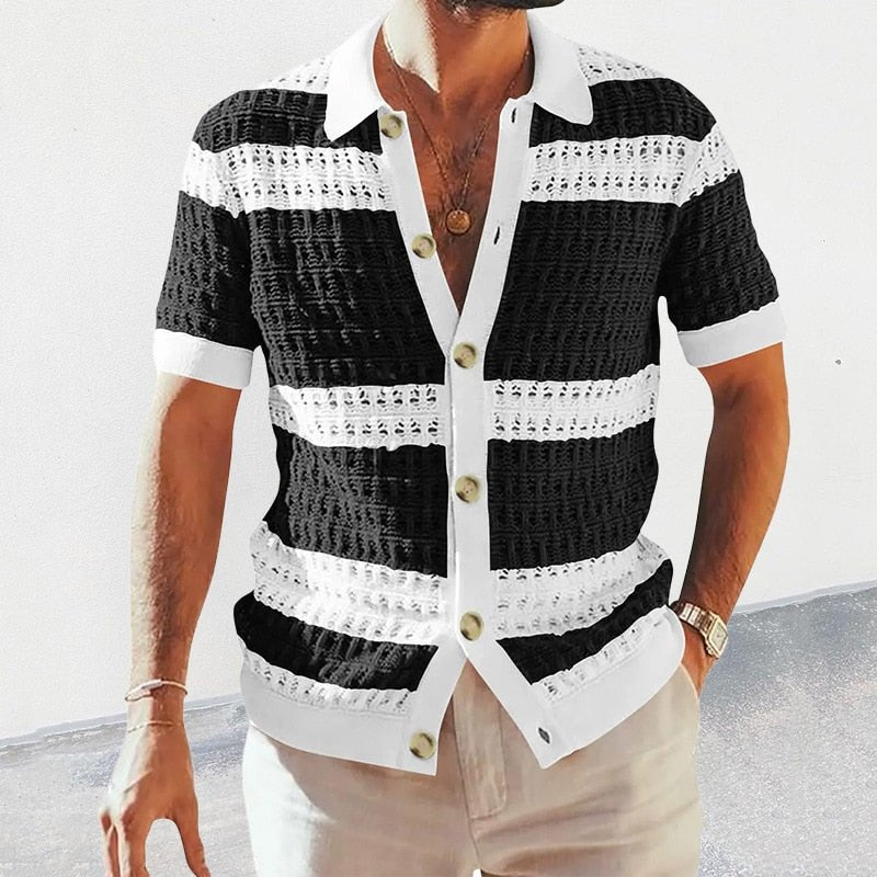 Men's Knit Shirt – Short Sleeve Button-Front Relaxed Fit Summer Shirt with Contrast Trim