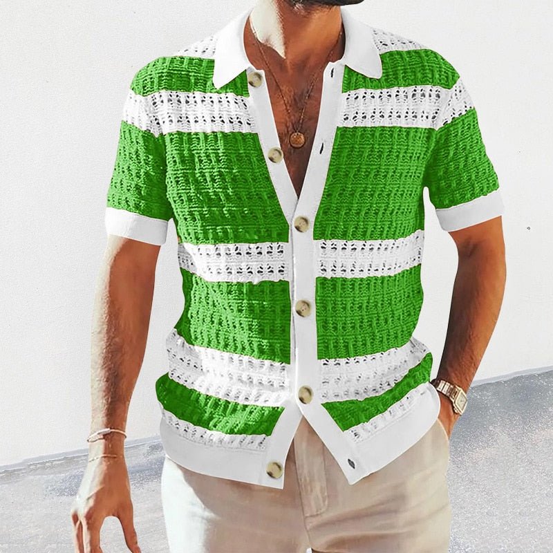 Men's Knit Shirt – Short Sleeve Button-Front Relaxed Fit Summer Shirt with Contrast Trim
