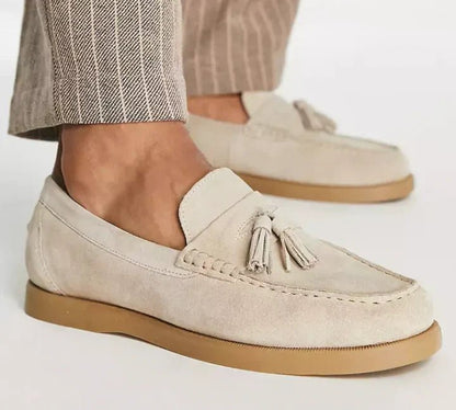 Men's Suede Tassel Loafers – Slip-On Moc Toe Suede Loafers with Flat Sole for Casual & Smart Casual Wear