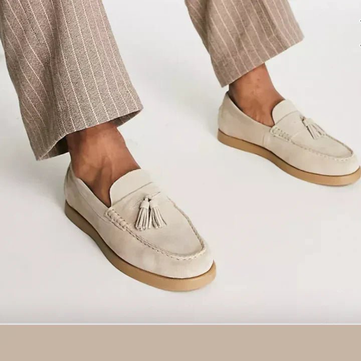 Men's Suede Tassel Loafers – Slip-On Moc Toe Suede Loafers with Flat Sole for Casual & Smart Casual Wear