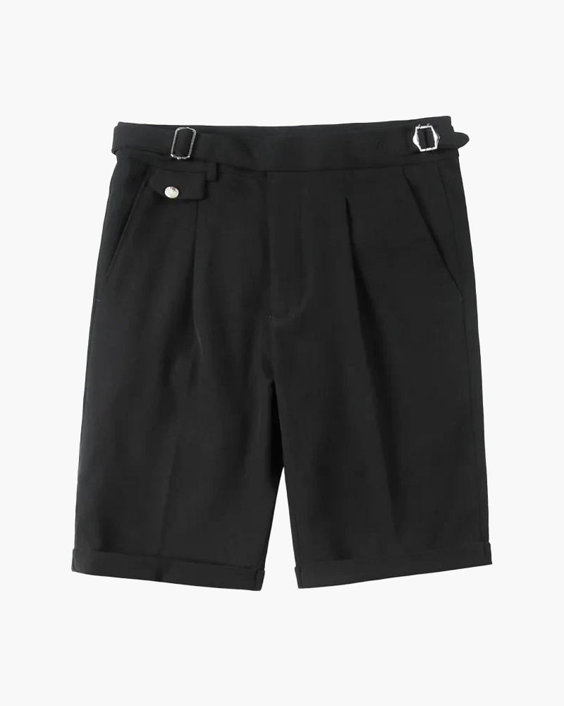 Men's Pleated Tailored Shorts – Knee Length Smart Casual Shorts with Waist Buckle Detail & Front Pleats