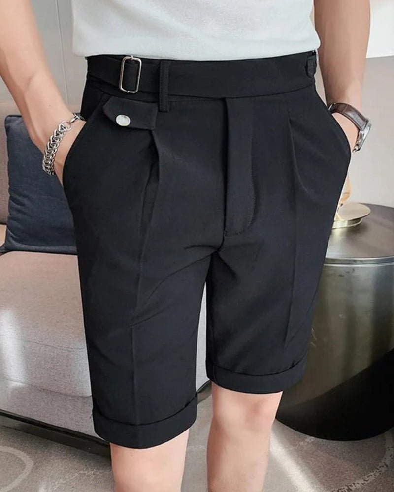 Men's Pleated Tailored Shorts – Knee Length Smart Casual Shorts with Waist Buckle Detail & Front Pleats