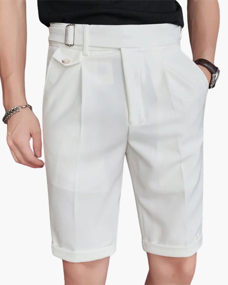 Men's Pleated Tailored Shorts – Knee Length Smart Casual Shorts with Waist Buckle Detail & Front Pleats