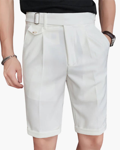 Men's Pleated Tailored Shorts – Knee Length Smart Casual Shorts with Waist Buckle Detail & Front Pleats