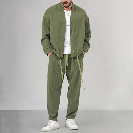 Men's Two Piece Matching Set – Button Front Overshirt & Drawstring Jogger Pants Tracksuit for Casual & Streetwear