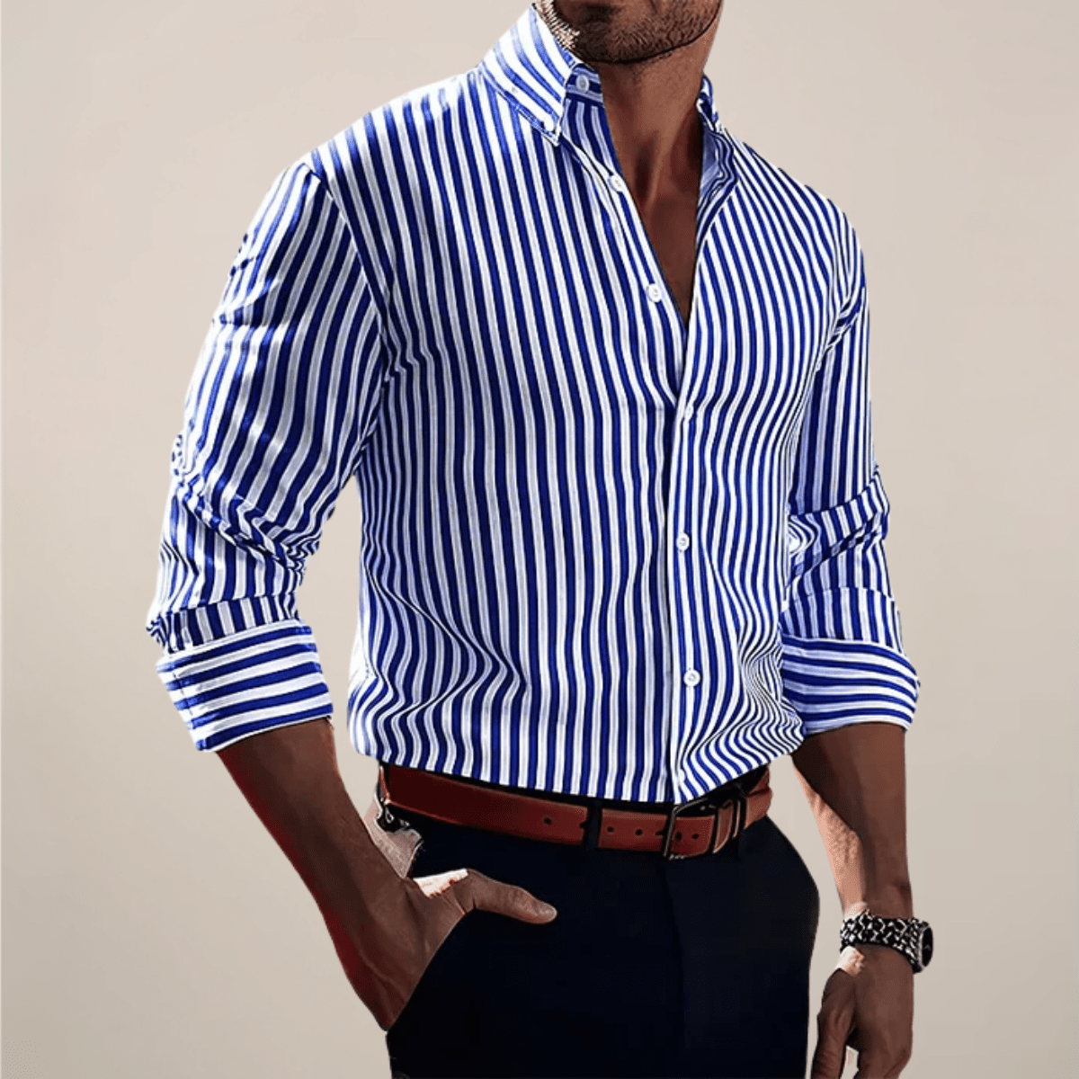 Men's Vertical Stripe Long Sleeve Button-Up Shirt – Classic Collar