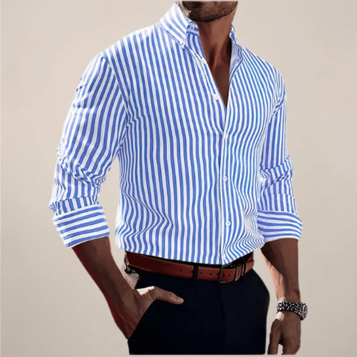 Men's Vertical Stripe Long Sleeve Button-Up Shirt – Classic Collar
