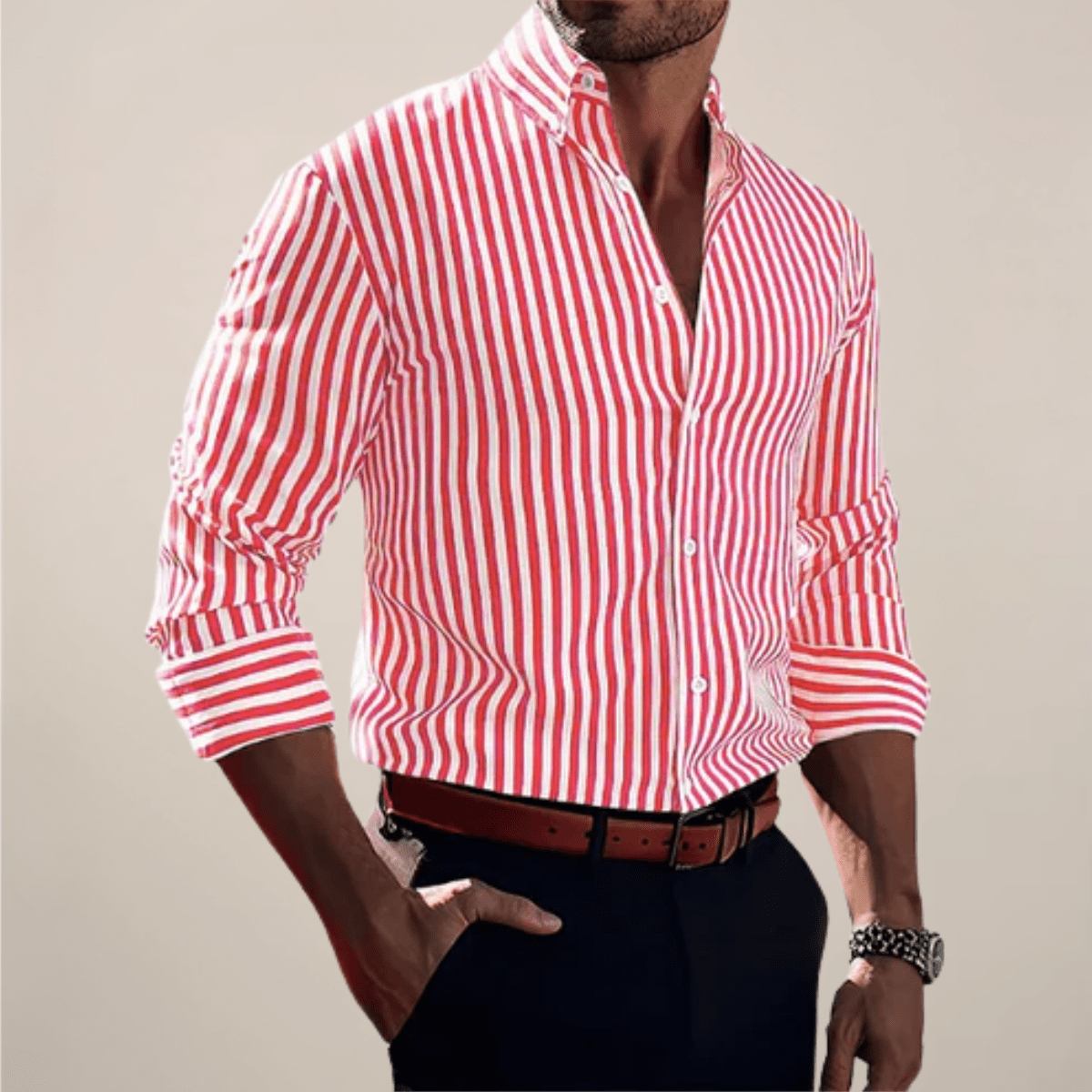 Men's Vertical Stripe Long Sleeve Button-Up Shirt – Classic Collar