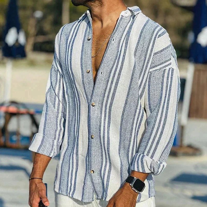 Men's Vertical Stripe Relaxed Fit Shirt – Open Collar Summer Holiday