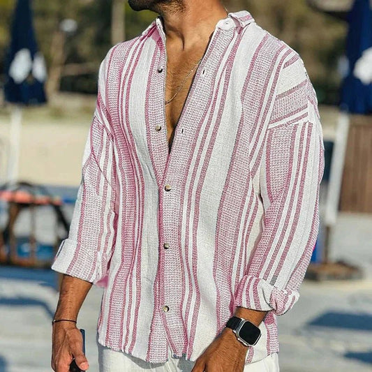 Men's Vertical Stripe Relaxed Fit Shirt – Open Collar Summer Holiday