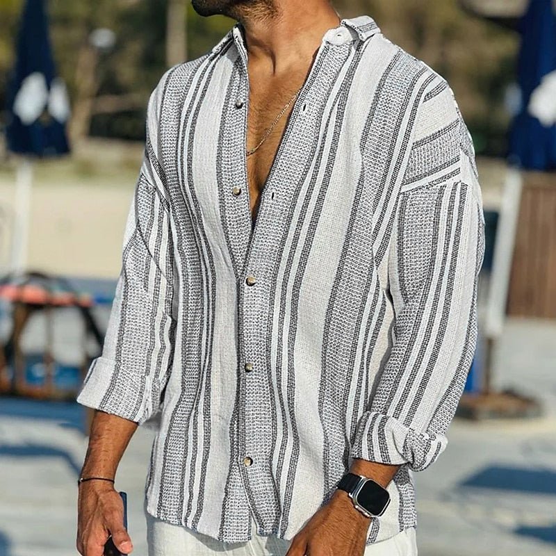 Men's Vertical Stripe Relaxed Fit Shirt – Open Collar Summer Holiday