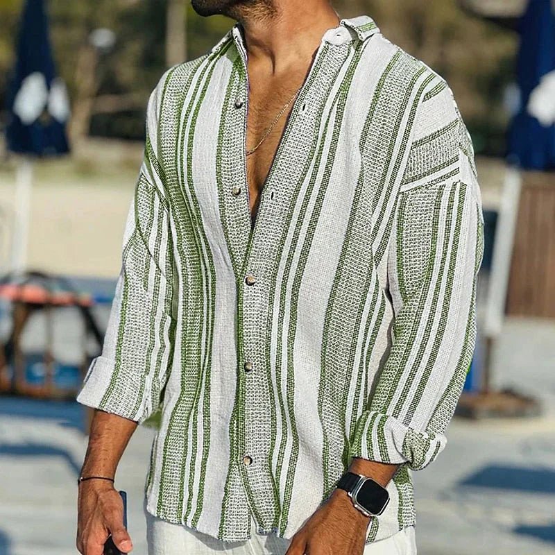 Men's Vertical Stripe Relaxed Fit Shirt – Open Collar Summer Holiday