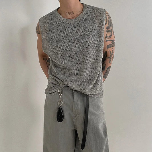 Men's Textured Knit Tank Top - Hollow Out Splicing Sleeveless Casual Streetwear Fitness Vest