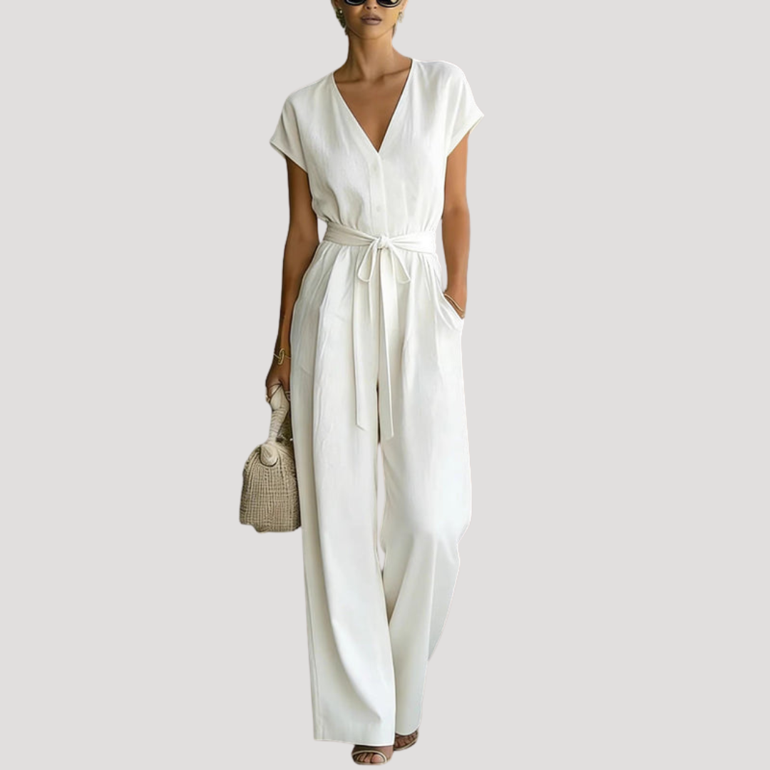 Women's V Neck Wide Leg Tie Waist Jumpsuit | Genevieve