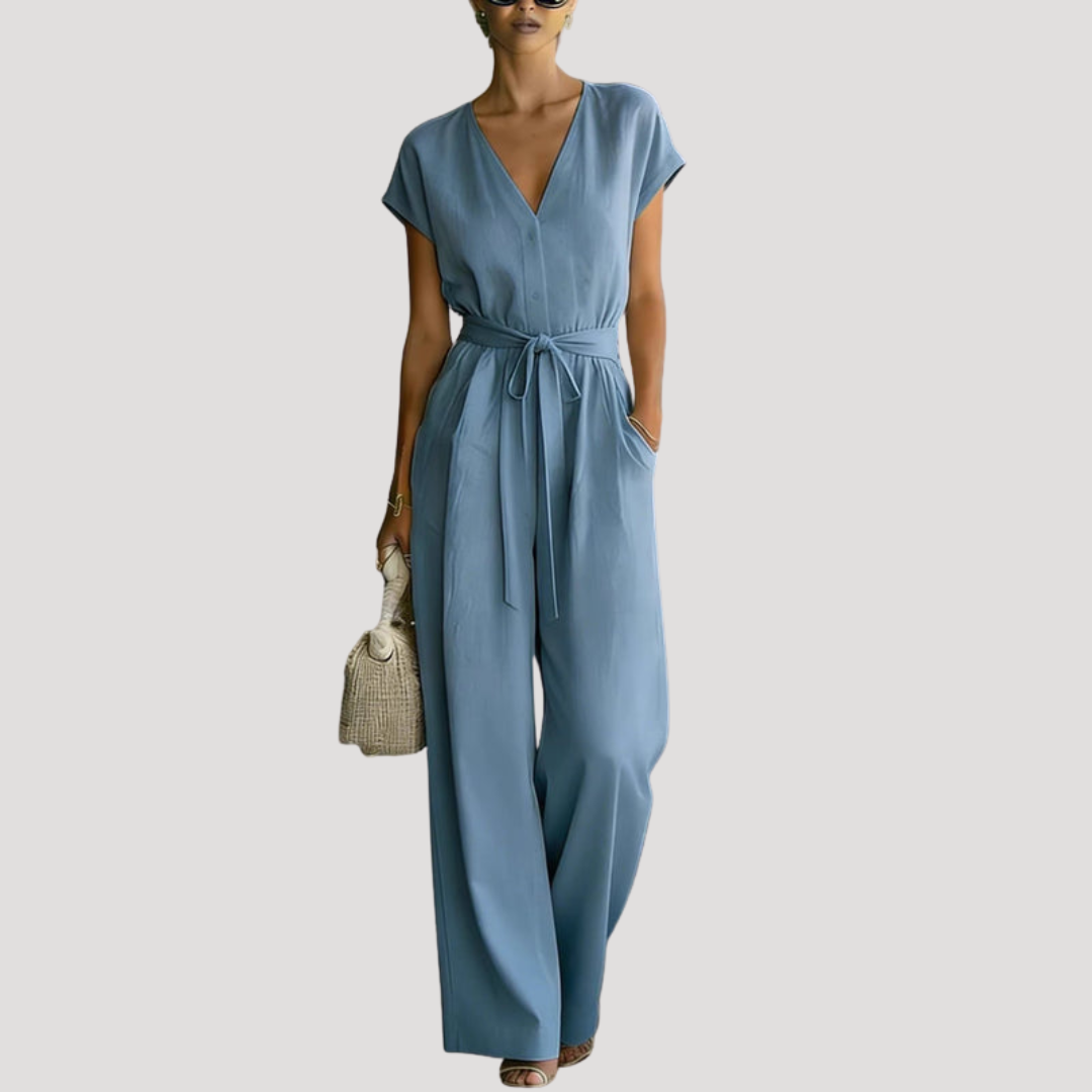 Women's V Neck Wide Leg Tie Waist Jumpsuit | Genevieve