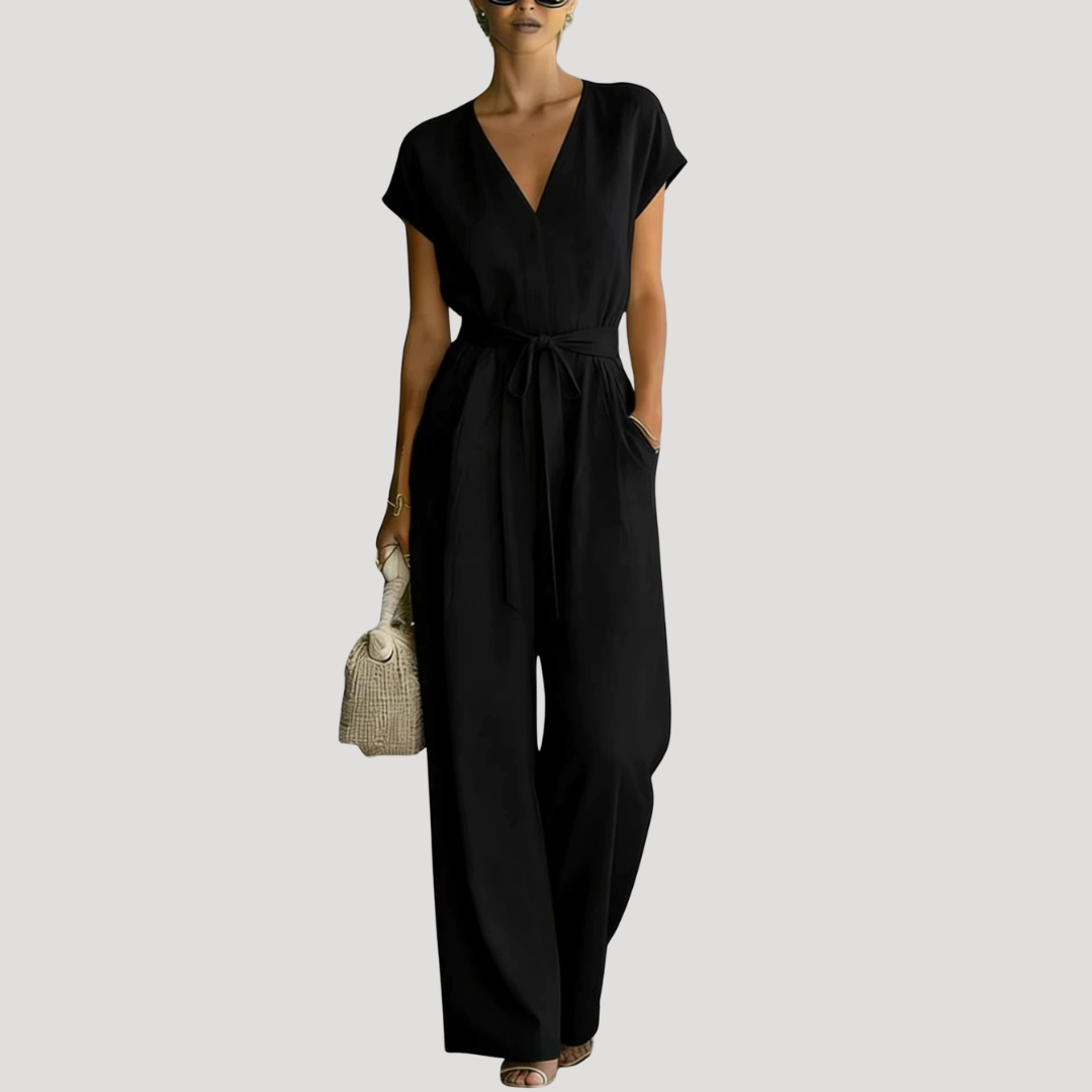 Women's V Neck Wide Leg Tie Waist Jumpsuit | Genevieve