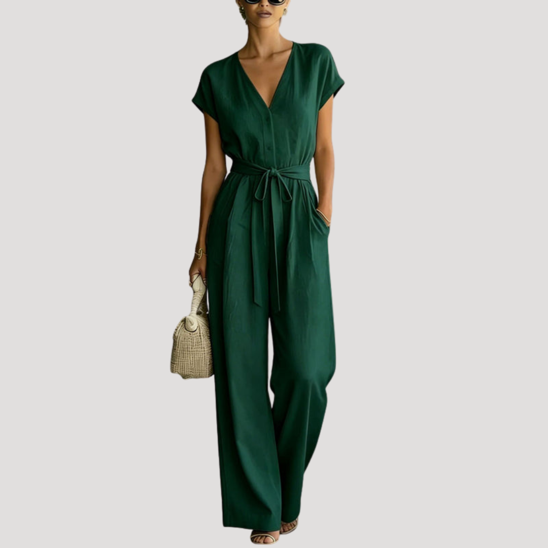 Women's V Neck Wide Leg Tie Waist Jumpsuit | Genevieve